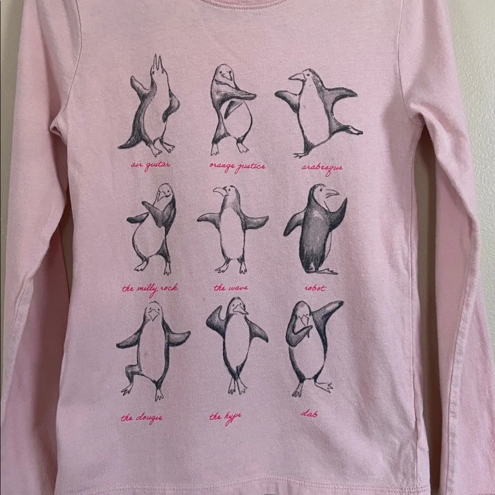GAP Girls Pink Penguin Graphic Long Sleeve Tee Shirt Size 8 Cute Animal Top